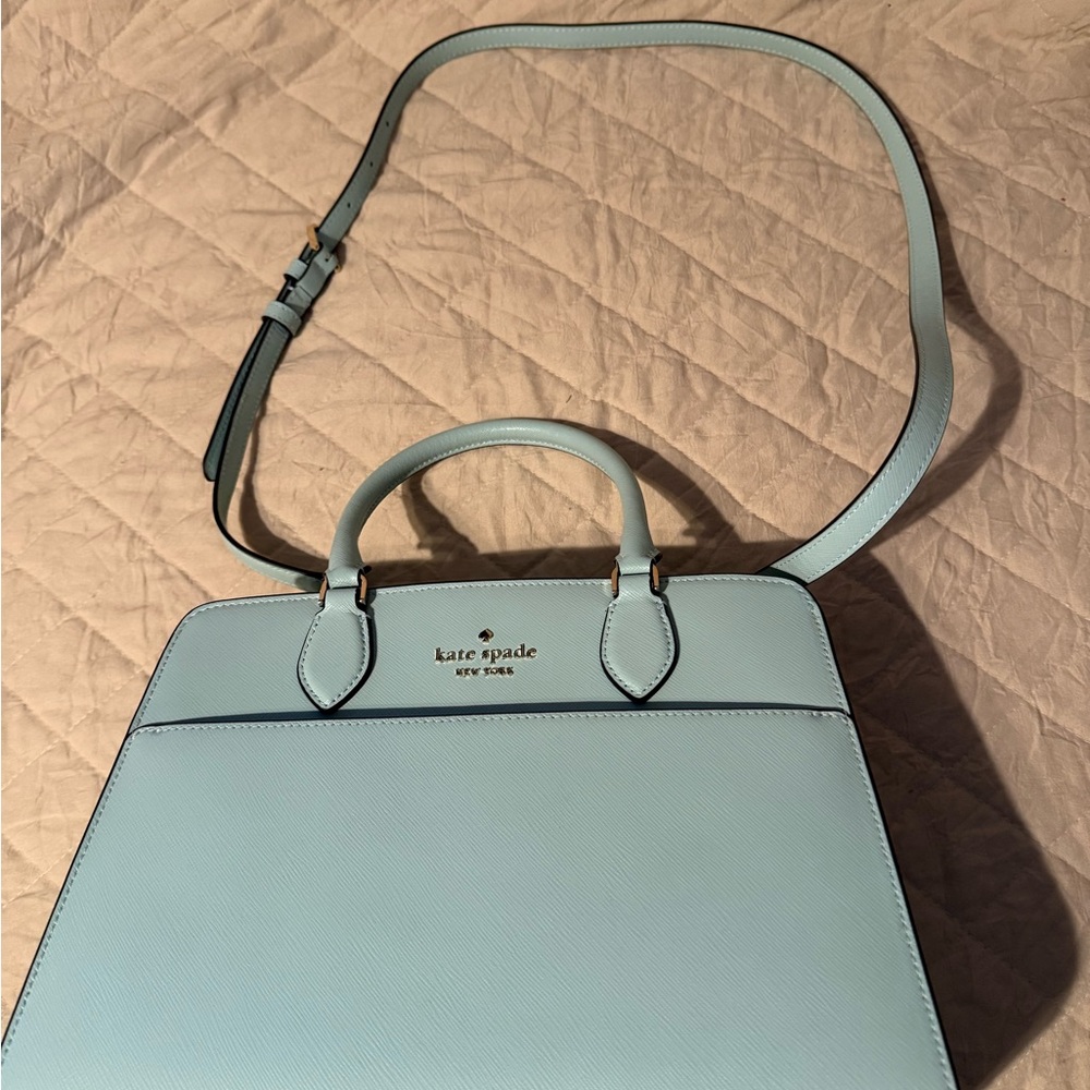 kate spade pale blue saffiano leather satchel with crossbody strap NWT